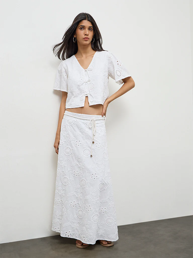 LOV White Schiffli Embroidered High-Rise Cotton Skirt
