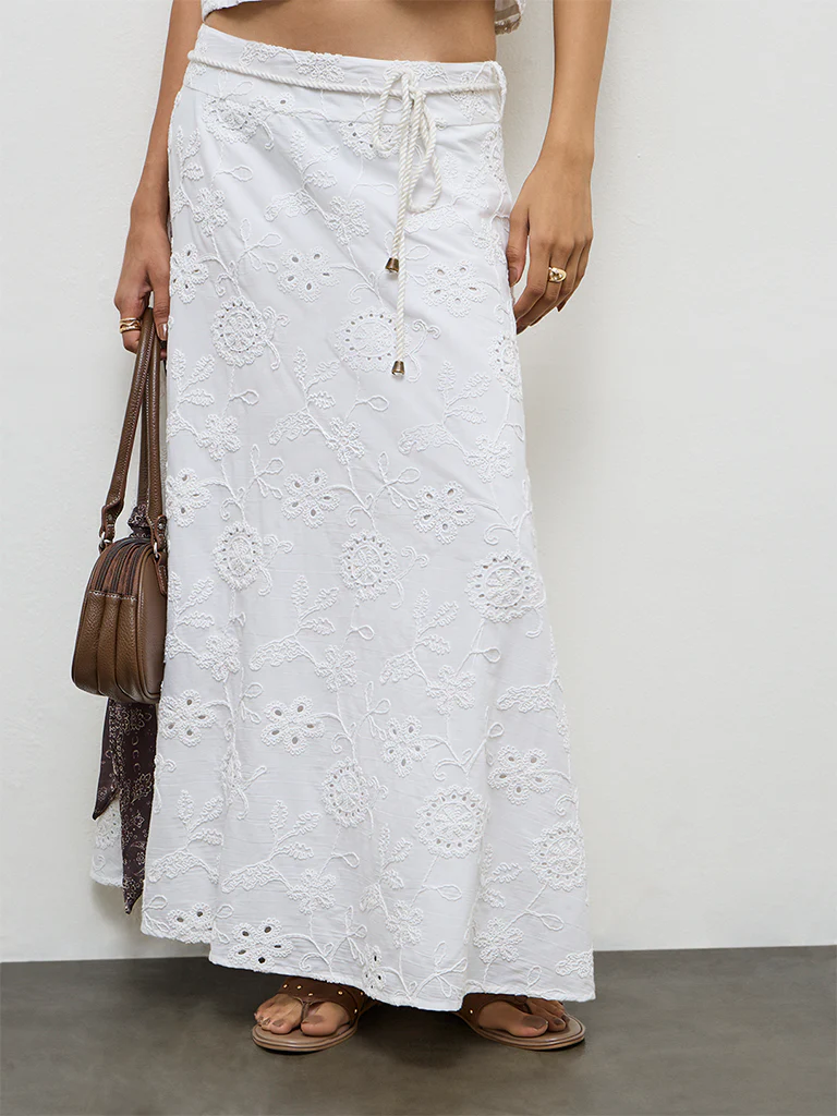 LOV White Schiffli Embroidered High-Rise Cotton Skirt - Image 2