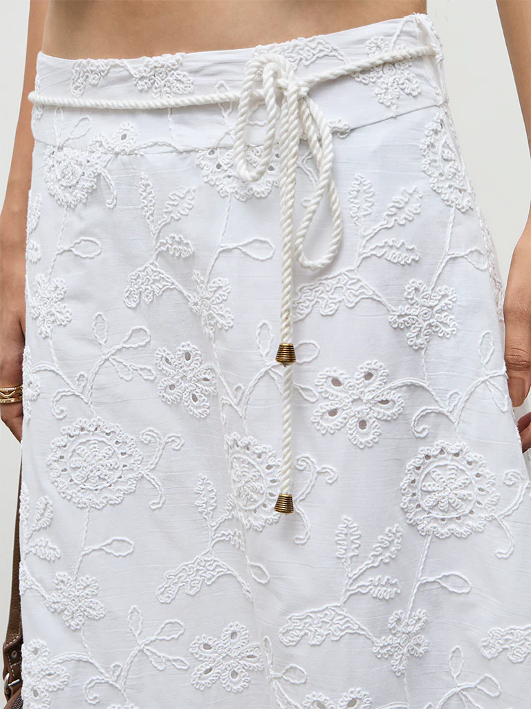 LOV White Schiffli Embroidered High-Rise Cotton Skirt - Image 3