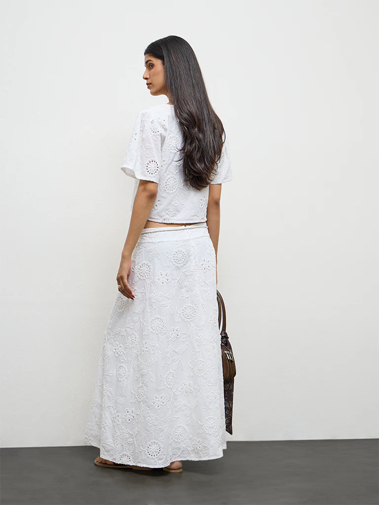 LOV White Schiffli Embroidered High-Rise Cotton Skirt - Image 4