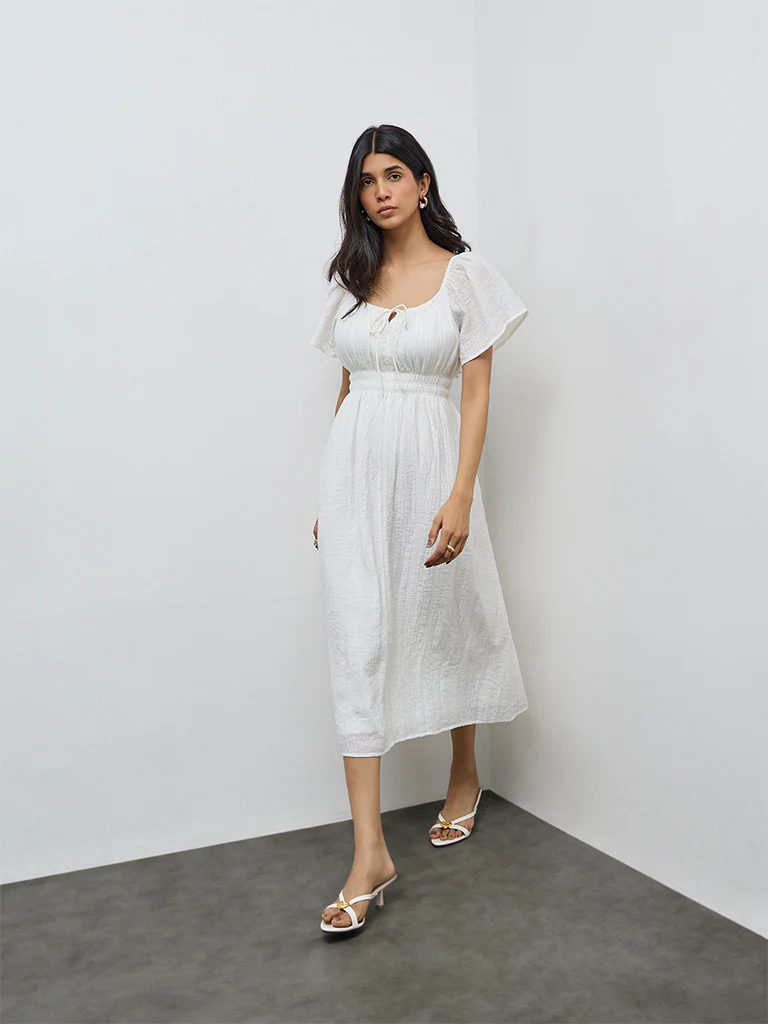 LOV White Self-Textured A-Line Dress