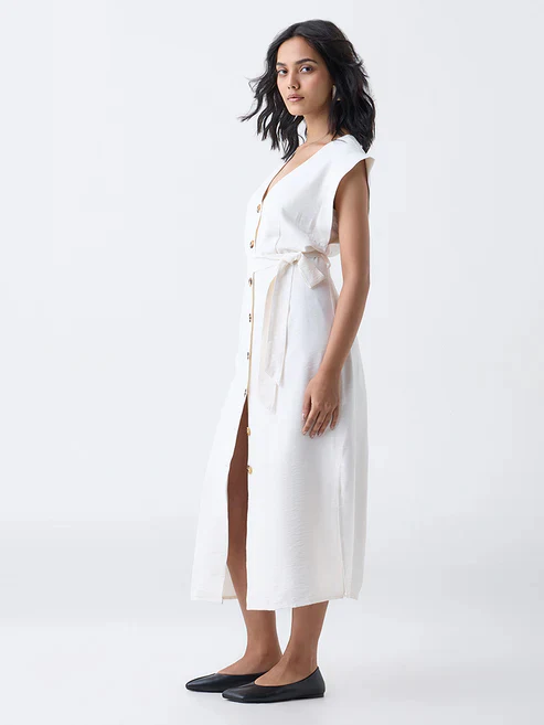 LOV White Solid A-Line Dress with Belt-Online Exclusive - Image 2