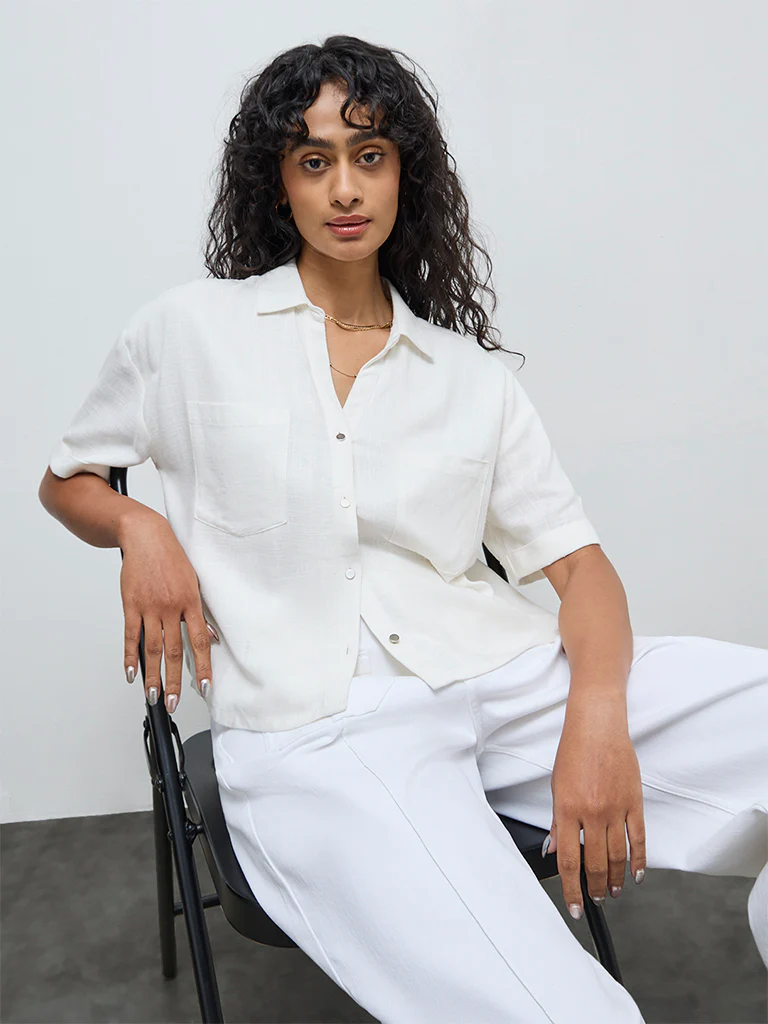 LOV White Solid Linen-Blend Shirt