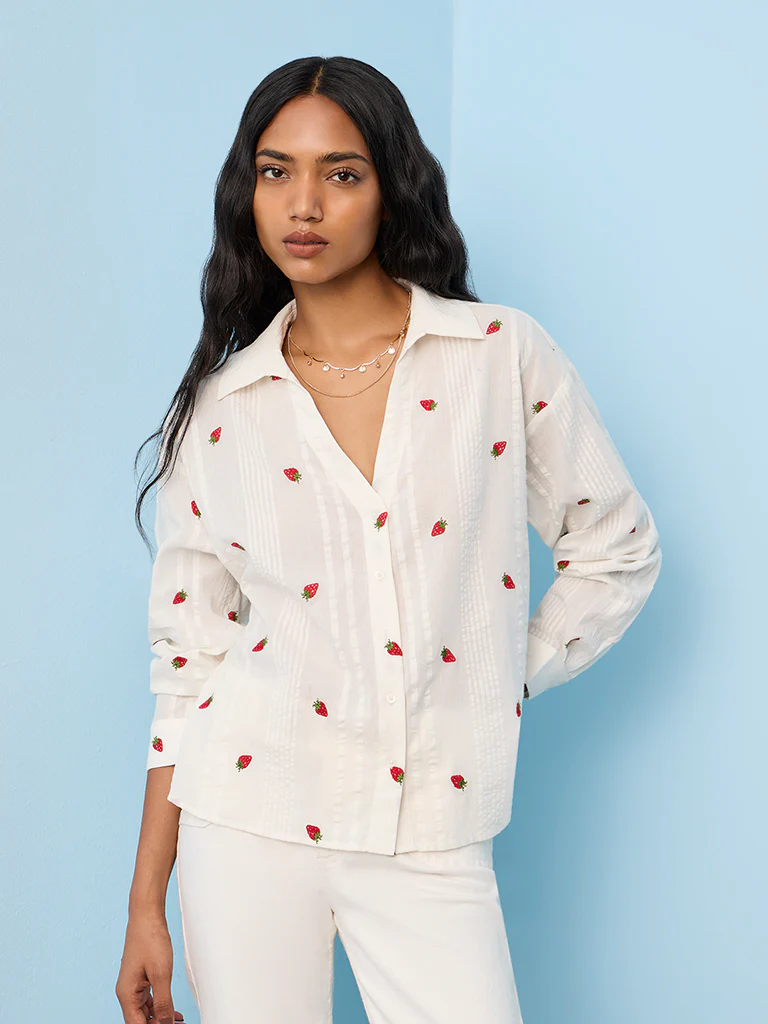 LOV White Strawberry Design Cotton Shirt