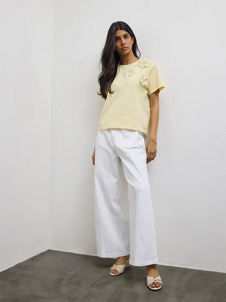 LOV Yellow Floral Applique Cotton-Blend T-Shirt - Image 2