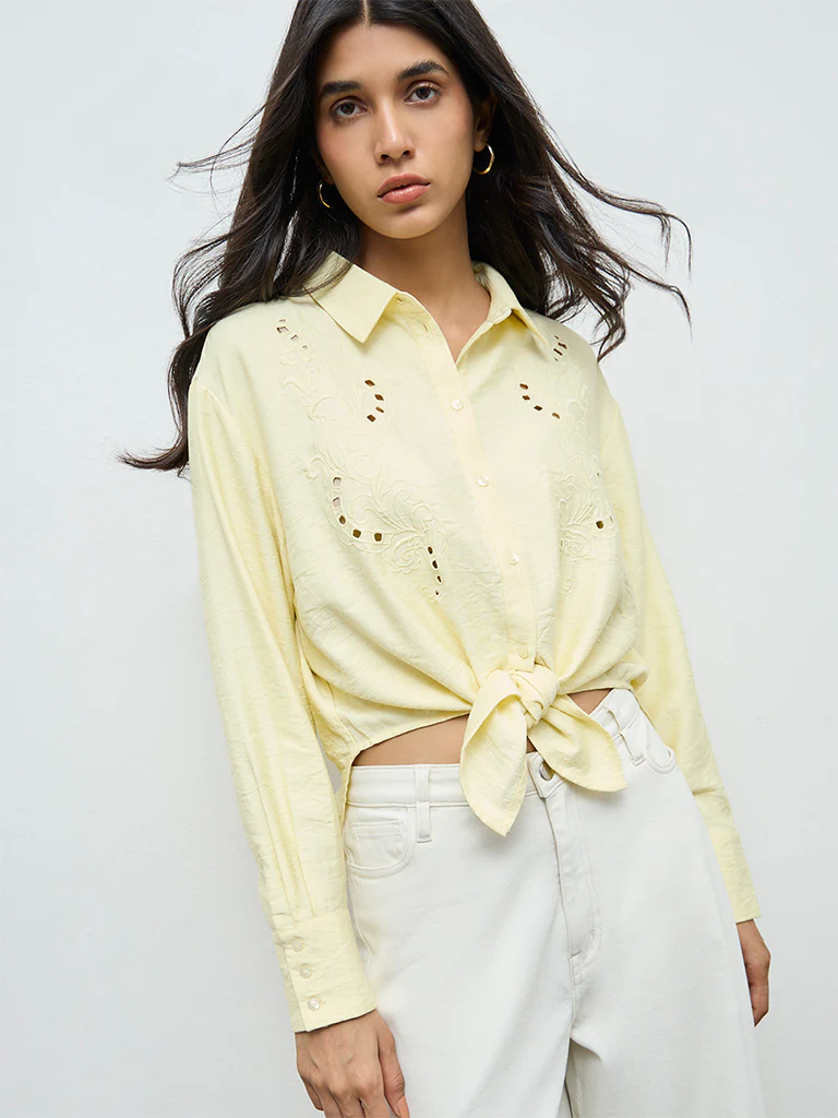LOV Yellow Floral Embroidered Shirt