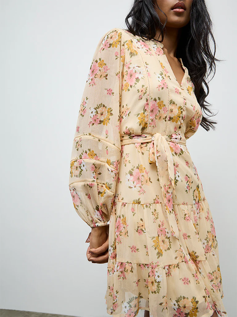 LOV Yellow Floral Printed A-Line Dress With Belt - Image 3