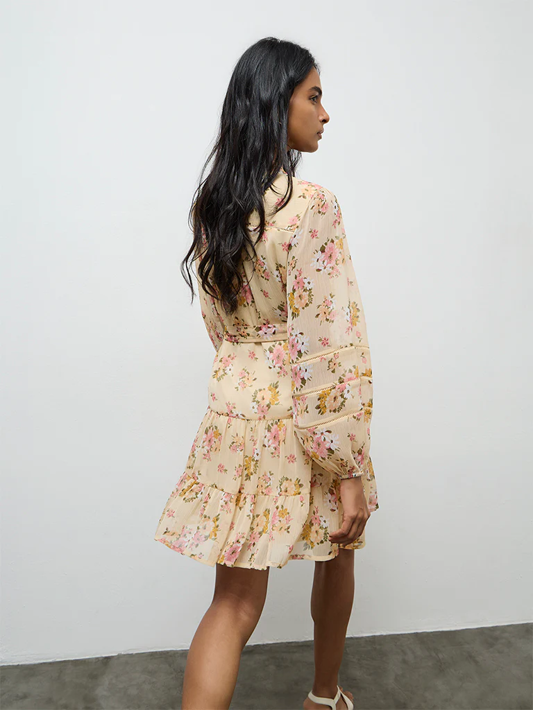 LOV Yellow Floral Printed A-Line Dress With Belt - Image 4