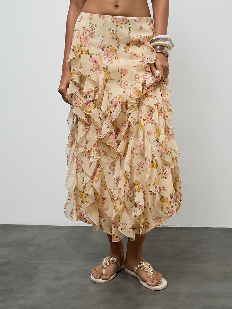 LOV Yellow Floral Printed Ruffled High Rise Skirt - Image 2