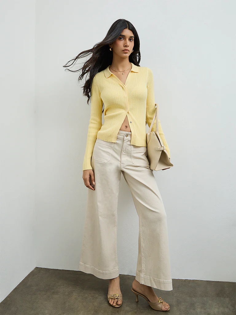 LOV Yellow Ribbed-Textured Cardigan