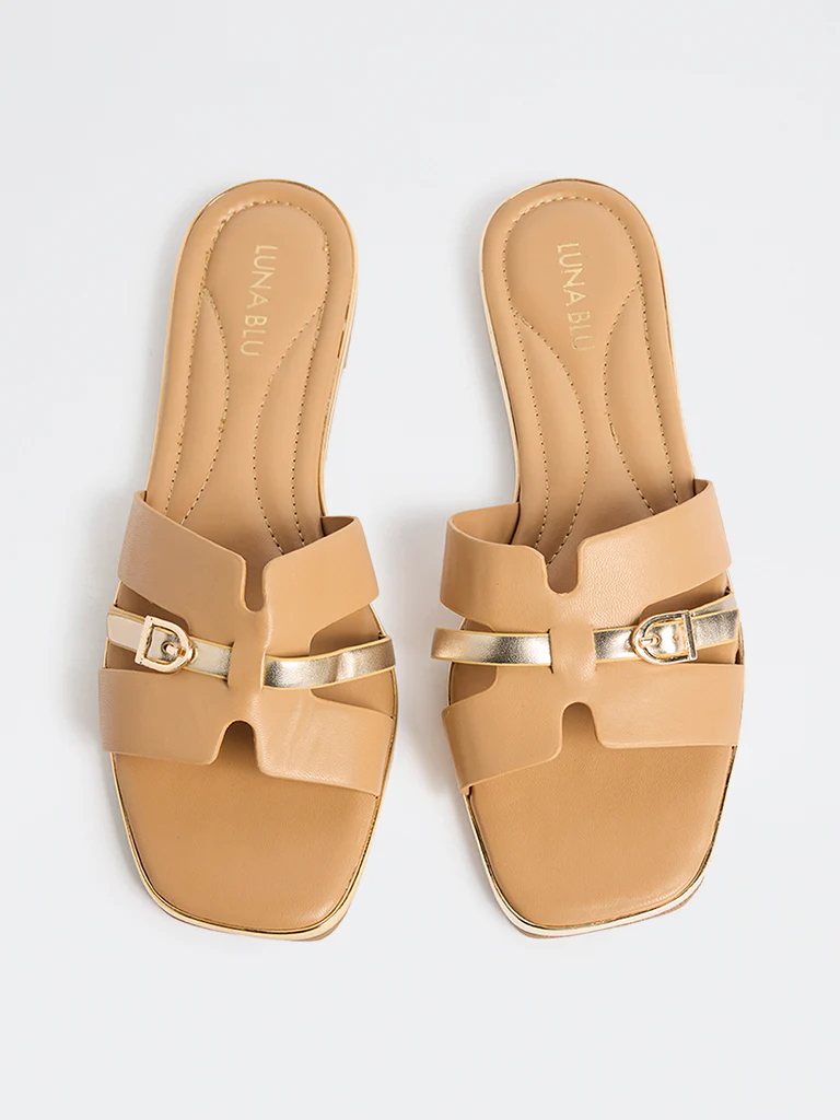 LUNA BLU Beige Buckle-Detailed Slides - Image 3