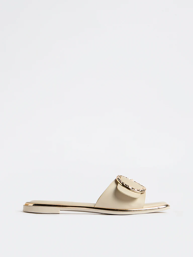 LUNA BLU Beige Buckle-Detailed Slides - Image 2
