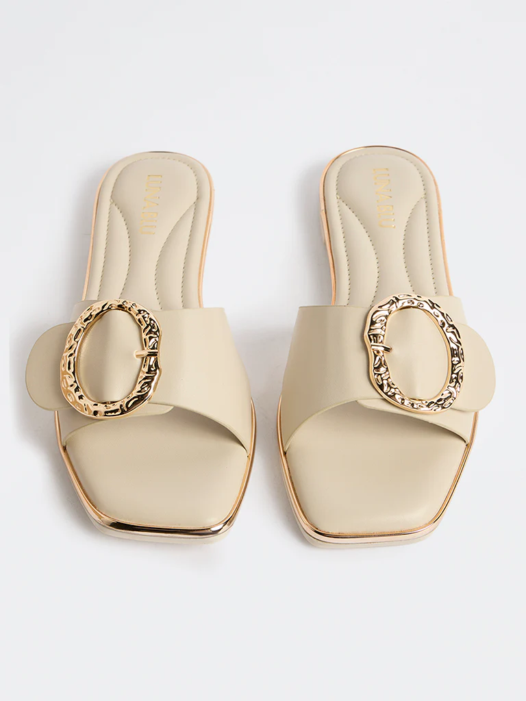 LUNA BLU Beige Buckle-Detailed Slides - Image 3