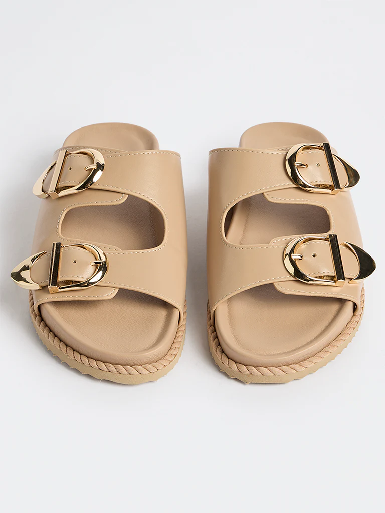 LUNA BLU Beige Buckle-Detailed Slip-On Comfort Sandals - Image 2