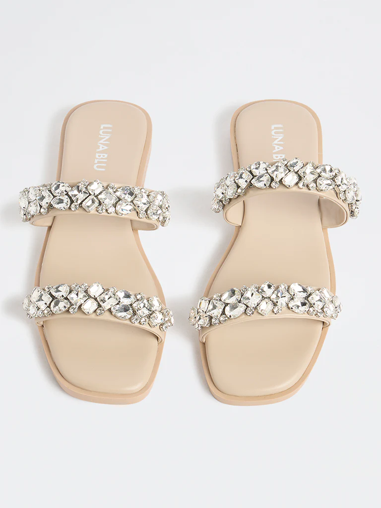 LUNA BLU Beige Diamante Dual-Strap Slides