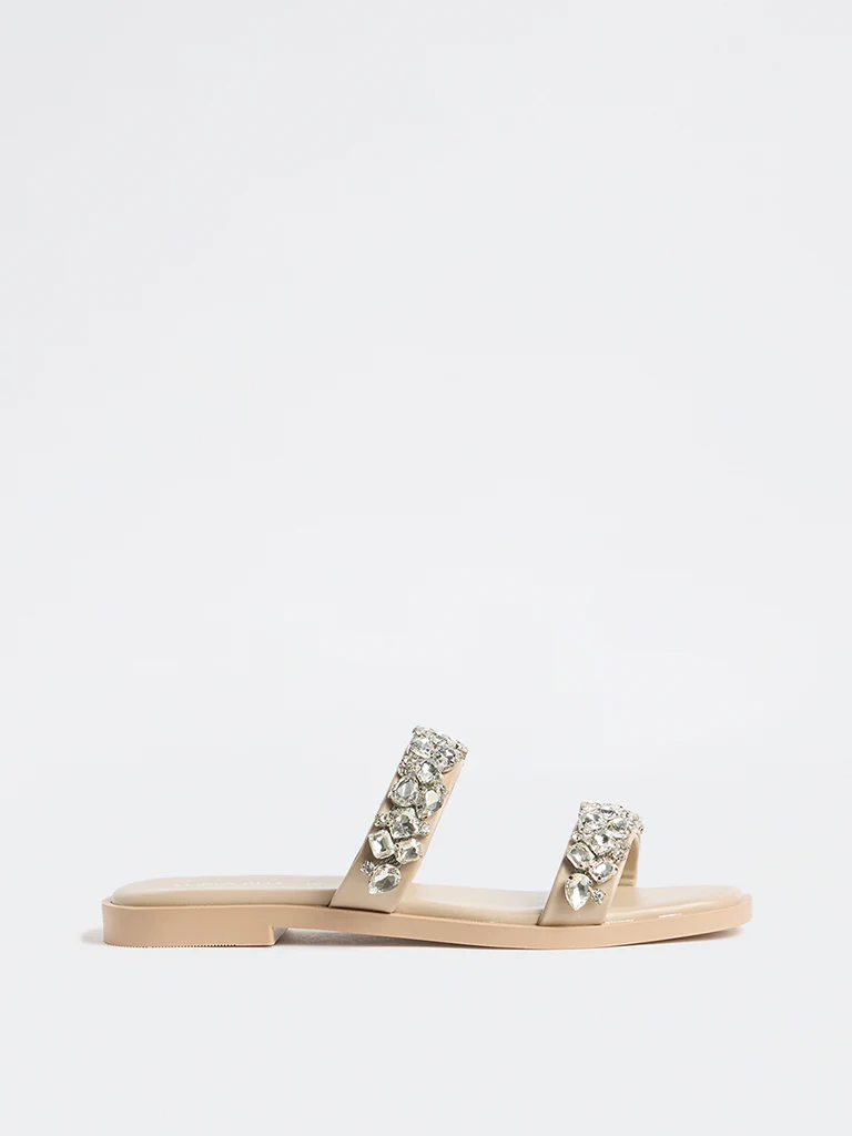 LUNA BLU Beige Diamante Dual-Strap Slides - Image 4