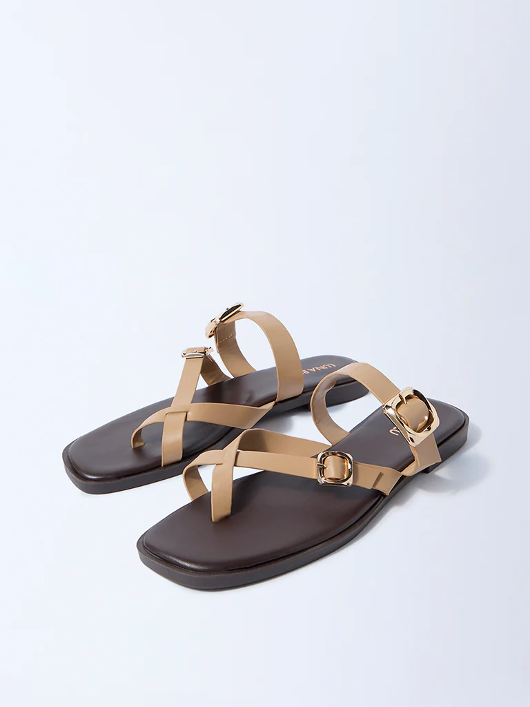 LUNA BLU Beige Dual-Strap Buckled Slides - Image 2