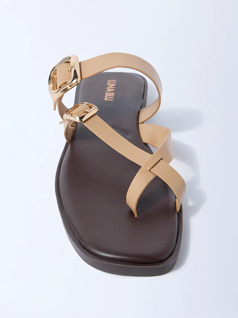 LUNA BLU Beige Dual-Strap Buckled Slides - Image 3