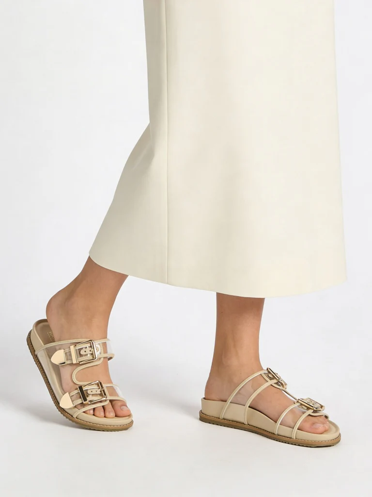 LUNA BLU Beige Dual-Strap Slip-On Comfort Sandals