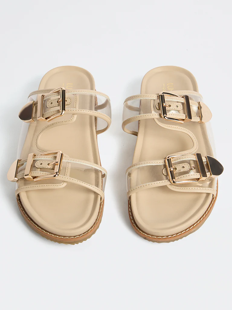 LUNA BLU Beige Dual-Strap Slip-On Comfort Sandals - Image 3