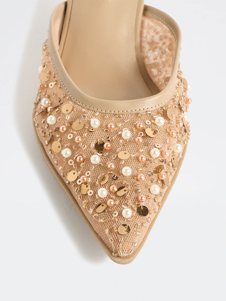 LUNA BLU Beige Embellished Kitten-Heel Mules - Image 4