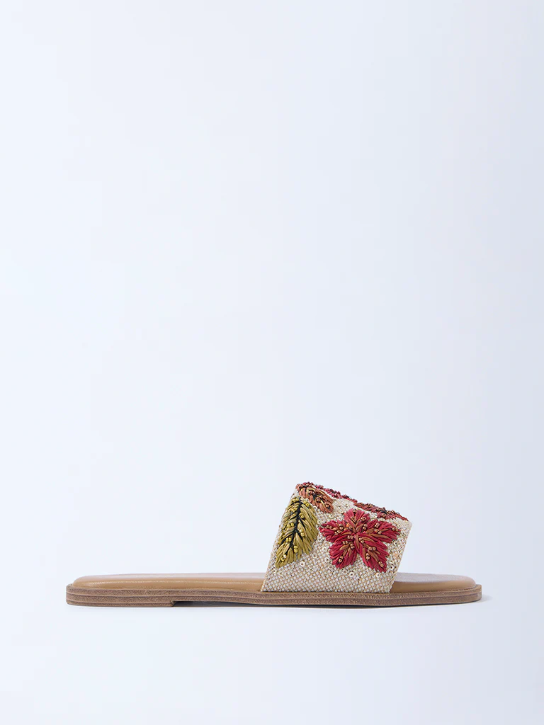 LUNA BLU Beige Embroidered Slides