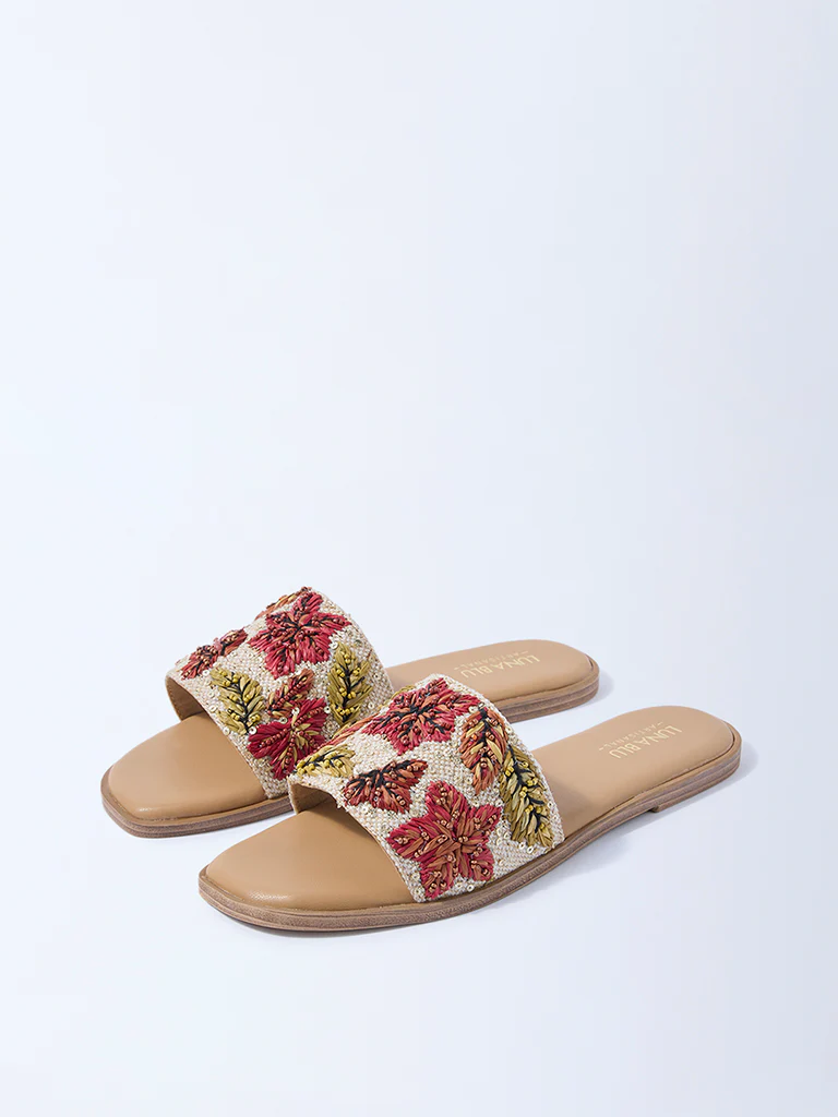 LUNA BLU Beige Embroidered Slides - Image 2
