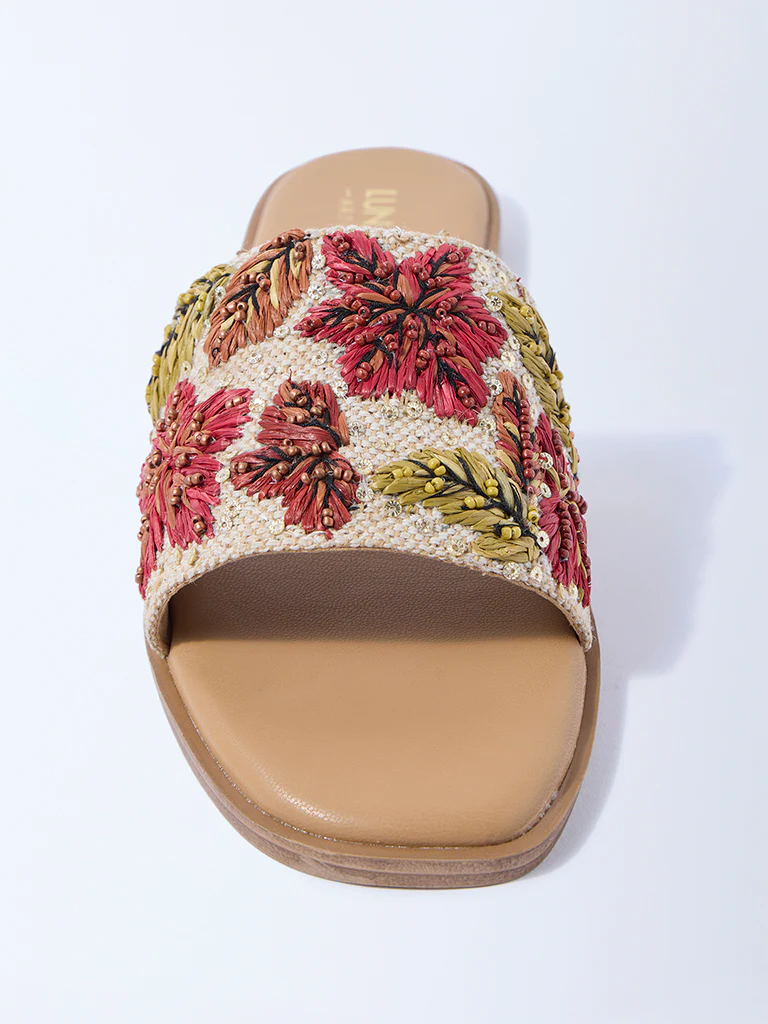 LUNA BLU Beige Embroidered Slides - Image 3
