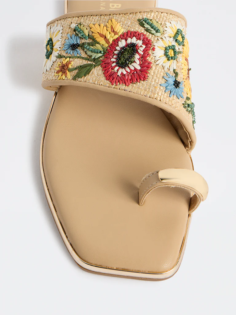 LUNA BLU Beige Embroidered Toe-Ring Sandals - Image 3