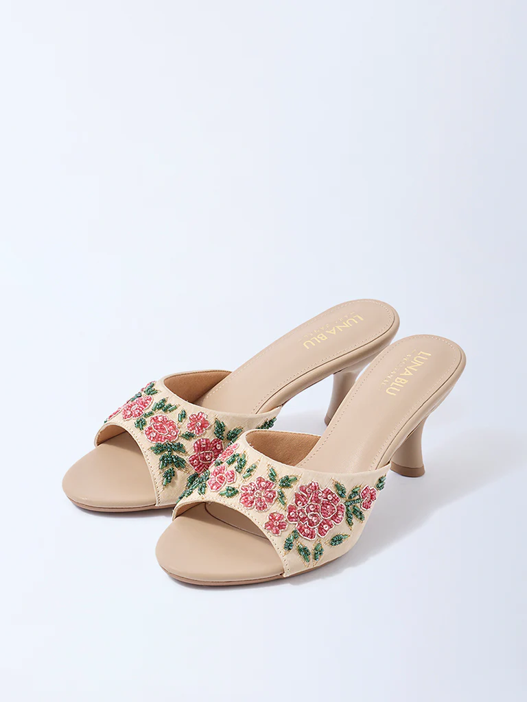 LUNA BLU Beige Floral Embroidered Heel Sandals - Image 2