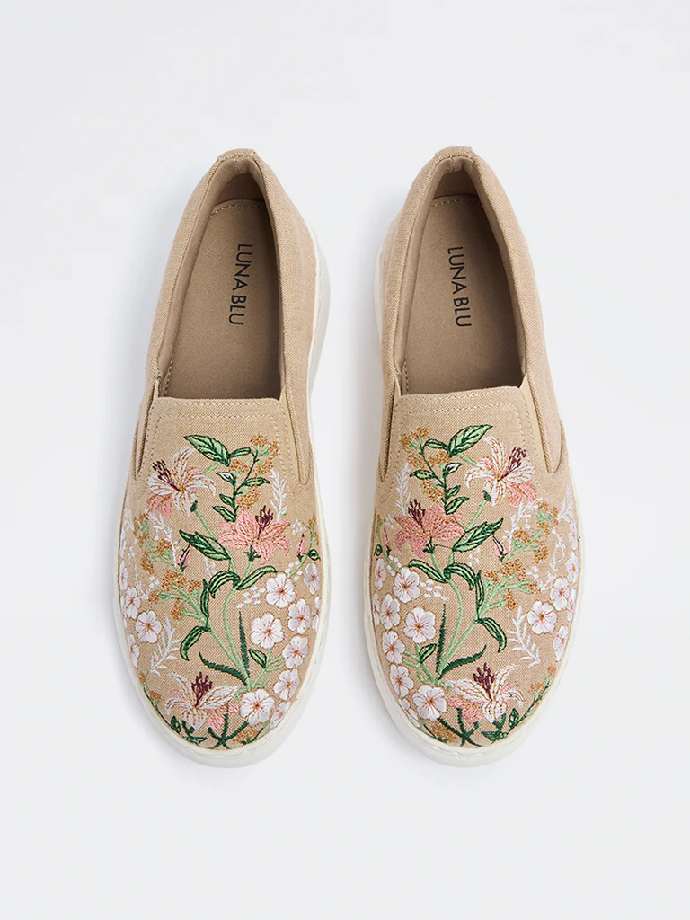 LUNA BLU Beige Floral Embroidered Loafers - Image 3