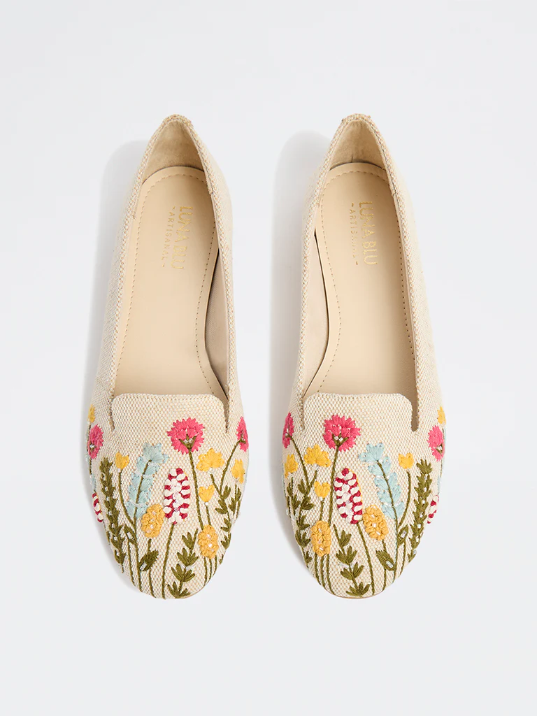 LUNA BLU Beige Floral Embroidered Loafers - Image 3