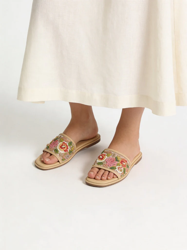 LUNA BLU Beige Floral Embroidered Slides