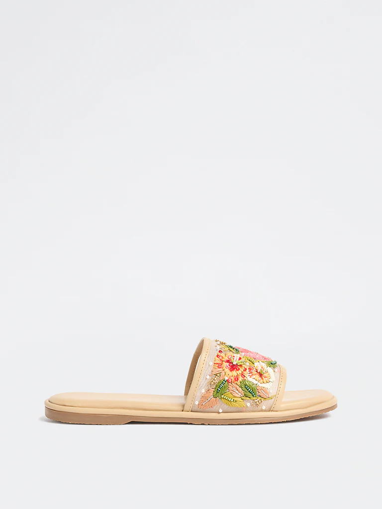 LUNA BLU Beige Floral Embroidered Slides - Image 2