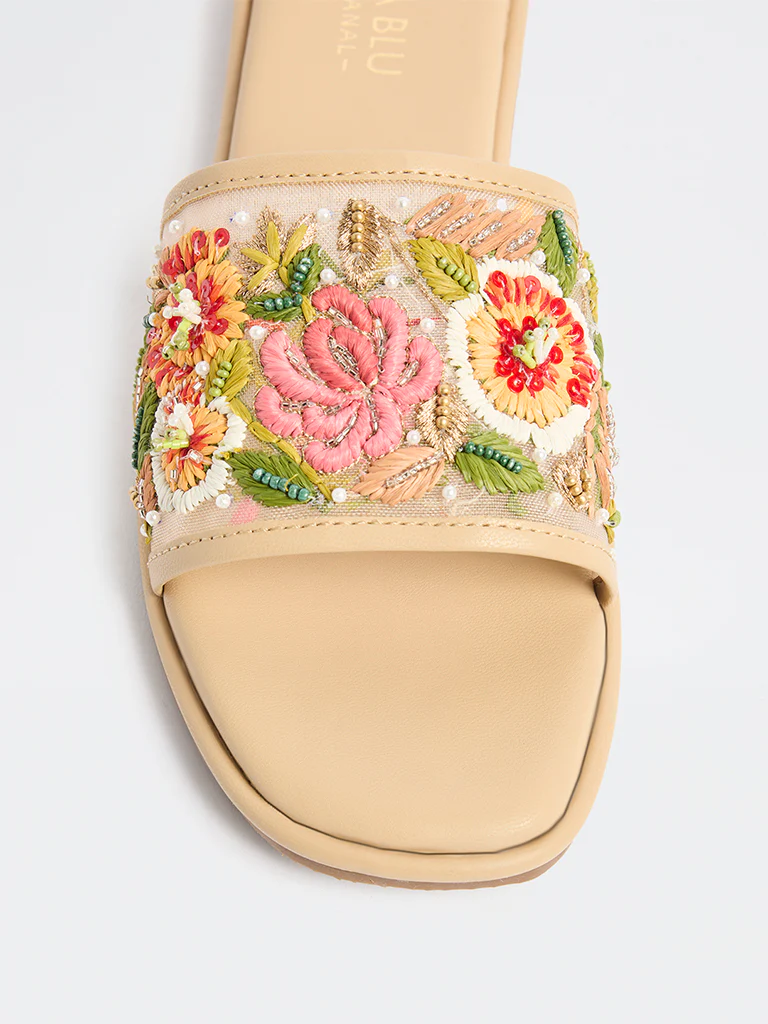 LUNA BLU Beige Floral Embroidered Slides - Image 4