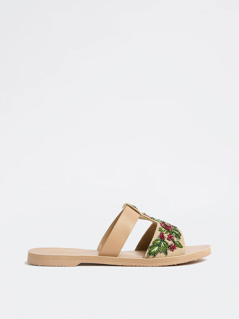 LUNA BLU Beige Floral Sequin Embellished Slides
