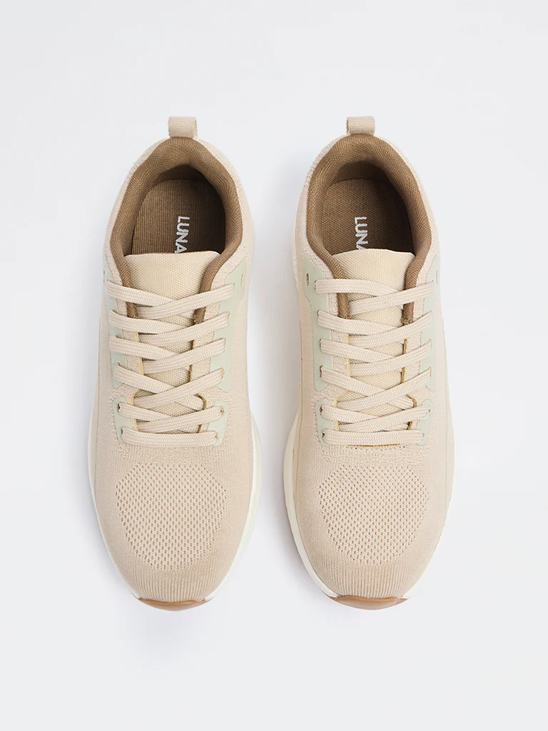 LUNA BLU Beige Knit-Textured Lace-Up Sneakers - Image 3