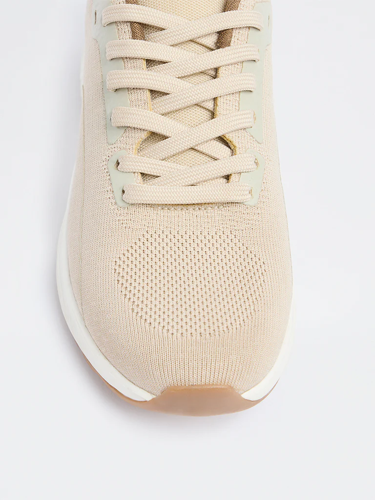 LUNA BLU Beige Knit-Textured Lace-Up Sneakers - Image 4