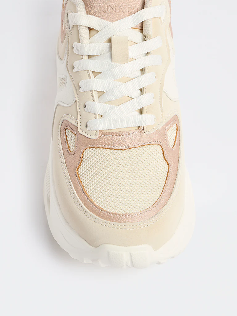 LUNA BLU Beige Mesh-Detailed Lace-Up Sneakers - Image 3