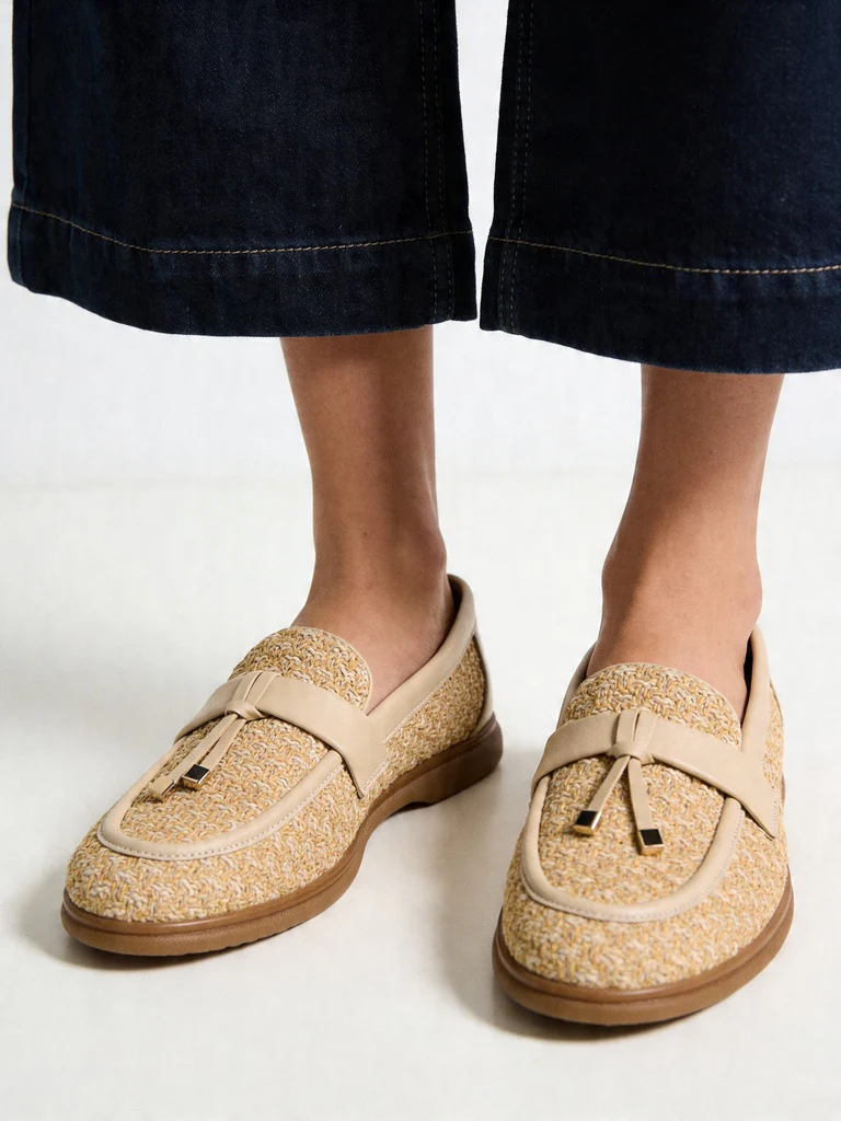 LUNA BLU Beige Natural Woven Rafia Penny Trim Loafers - Image 2