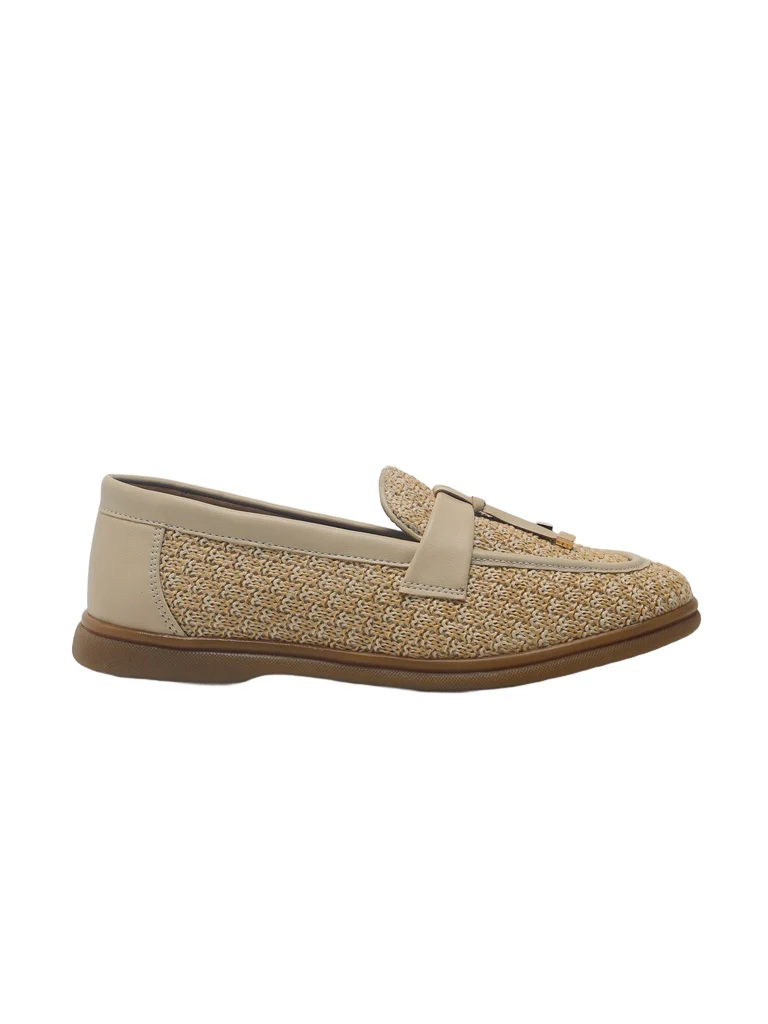 LUNA BLU Beige Natural Woven Rafia Penny Trim Loafers - Image 4
