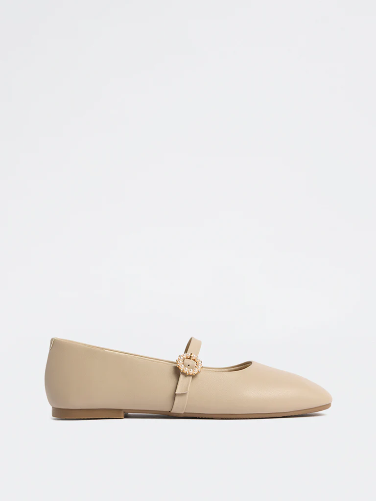 LUNA BLU Beige Pearl Embellished Mary Jane Shoes
