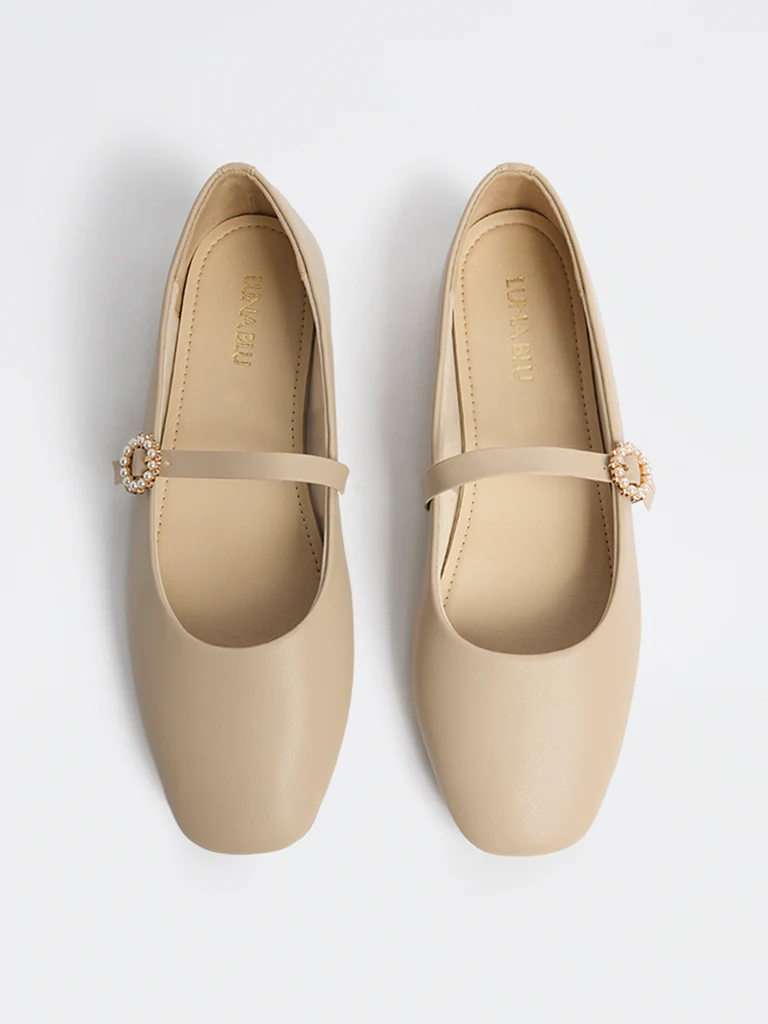 LUNA BLU Beige Pearl Embellished Mary Jane Shoes - Image 2