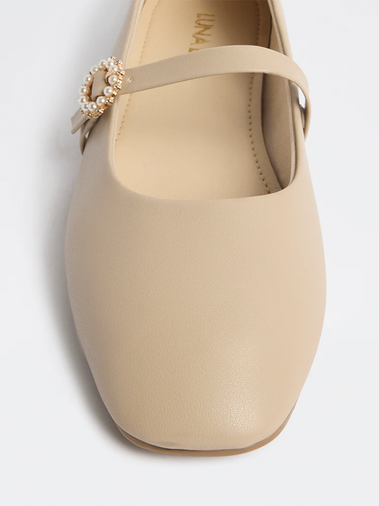 LUNA BLU Beige Pearl Embellished Mary Jane Shoes - Image 3