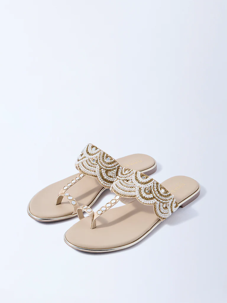 LUNA BLU Beige Pearlescent Kolhapuri Sandals - Image 2