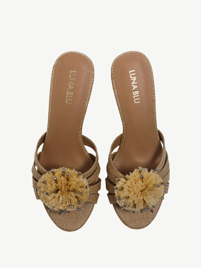LUNA BLU Beige Raffia Flower Heel Sandals