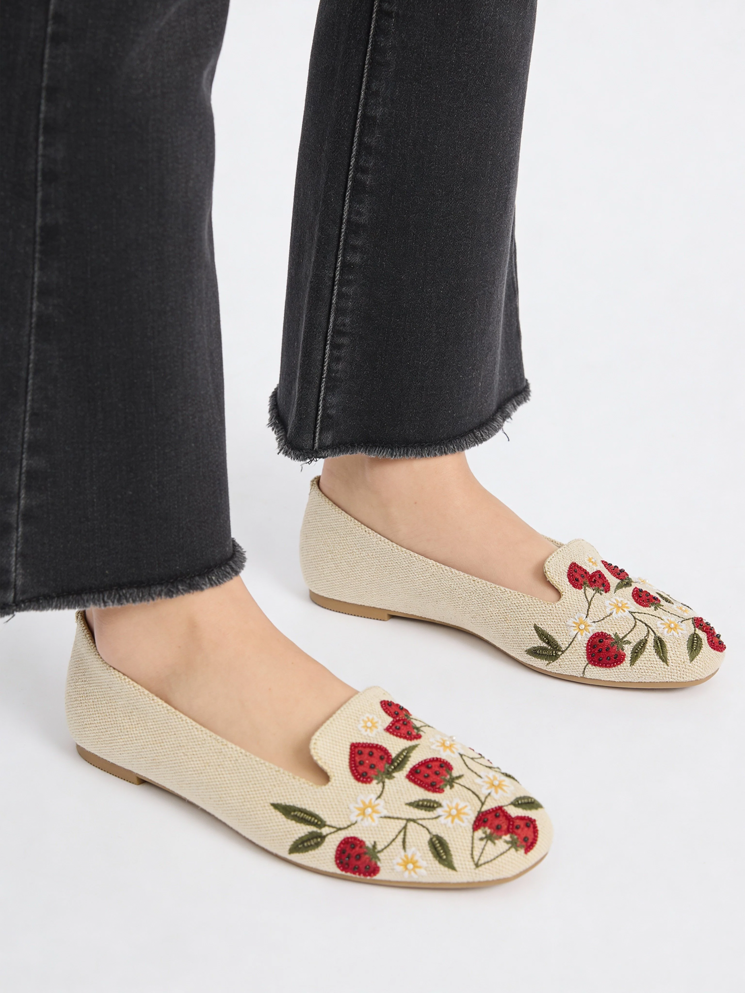 LUNA BLU Beige Strawberry Embroidered Loafers