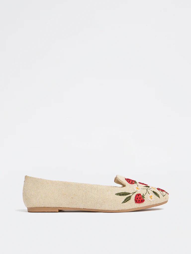 LUNA BLU Beige Strawberry Embroidered Loafers - Image 2