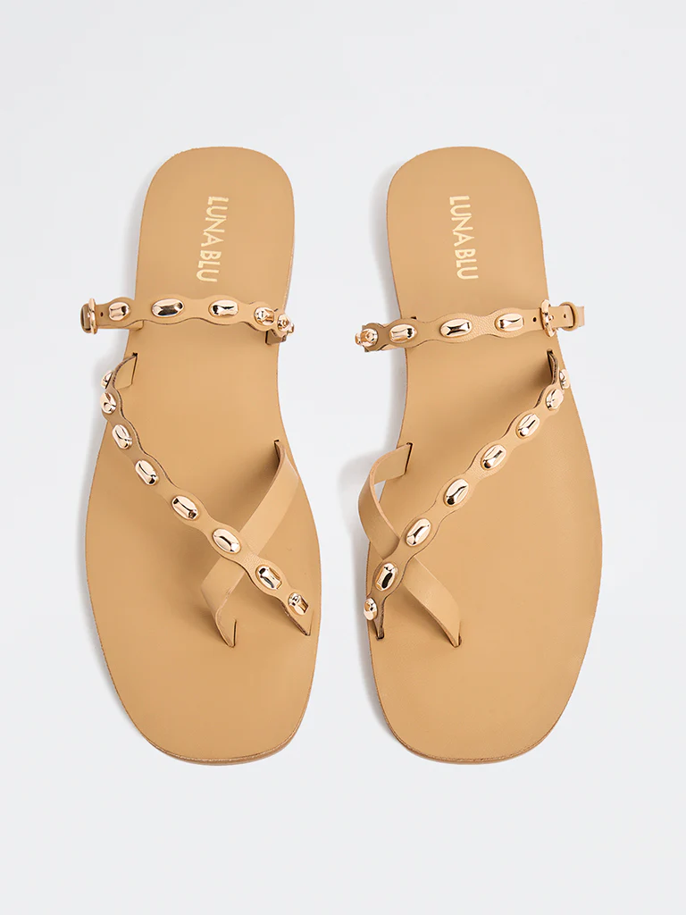 LUNA BLU Beige Stud-Detailed Slides - Image 2