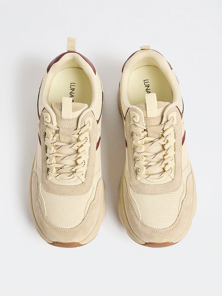 LUNA BLU Beige Suede-Detailed Lace-Up Sneakers - Image 3